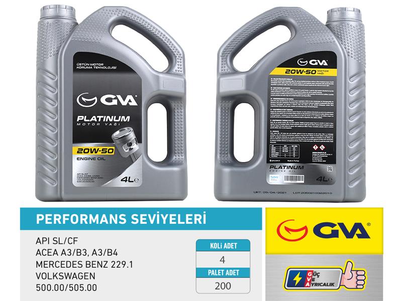 GVA MOTOR YAĞI 20W50 4 LT PLATINUM MİNERAL API SL/CF OEM: 20W50 - GVA 9920522 kodlu oto yedek parça görseli