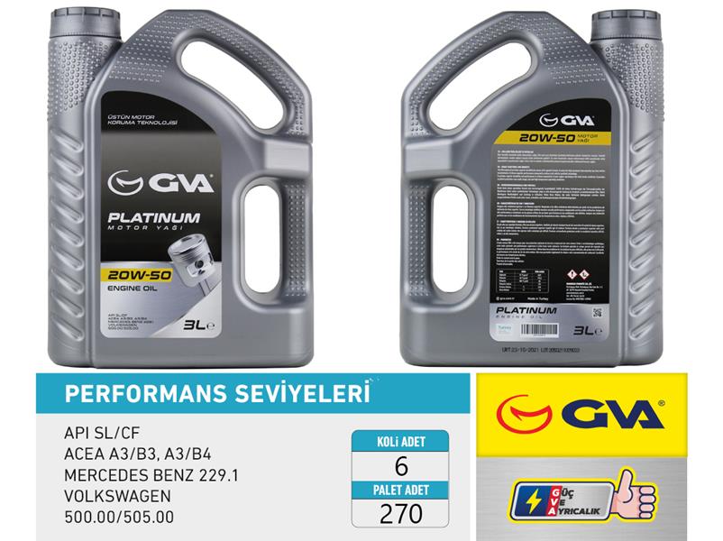 GVA MOTOR YAĞI 20W50 3 LT PLATINUM MİNERAL API SL/CF 20W50 OEM: 20W50 - GVA 9920523 kodlu oto yedek parça görseli