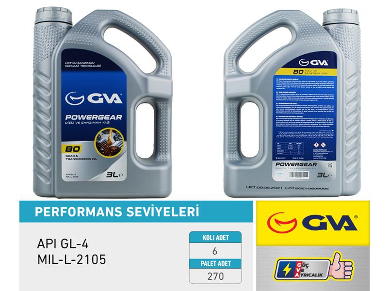 GVA ŞANZIMAN YAĞI 80W API GL-4 3 LT OEM: 80W - GVA 9920810 kodlu oto yedek parça görseli