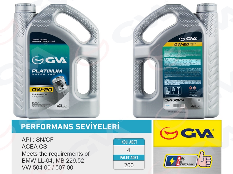 GVA MOTOR YAĞI 4 LT 0W20 TAM SENTETİK API SN HIBRIT ARAÇLAR İÇİN - GVA 9920856 kodlu oto yedek parça görseli