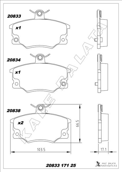 KALE-BALATA ÖN FREN BALATASI FIAT TEMPRA-TİPO-UNO-PUNTO ALFA ROMEO 33-145-146-155 OEM: 5892735-77362185-71752994-5892481 - KALE 20833 171 25 ANS KD13 kodlu oto yedek parça görseli