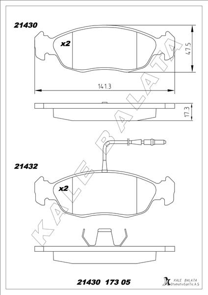 KALE-BALATA ÖN BALATA FİŞSİZ P306 93-01 XSARA 2.0 16V 97-05 P106-SAXO 1.4-1.6 GDB1322 OEM: 4253.16-4251.03-4251.22-4254.50 - KALE 21430 173 05 ANS KD13 kodlu oto yedek parça görseli
