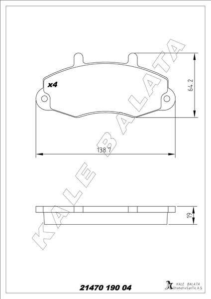 KALE-BALATA ÖN BALATA FORD TRANSİT T12 2.0 2.5 DI 2.5TD 2.5 TDİ 88-03.00 ÇAP 138.8- 64 -18.8 KALE 21470A0000KD11 OEM: 92VB2K021AB-92VB2K021AC - KALE 21470 190 04 ANS KD20 kodlu oto yedek parça görseli