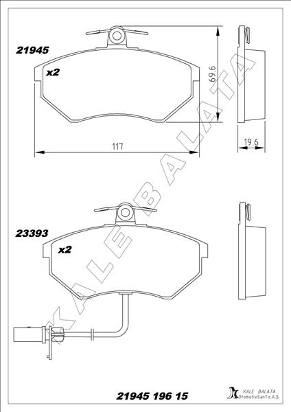 KALE-BALATA ÖN BALATA FİŞLİ KÜÇÜK TİP PASSAT-A4 97-04 GDB1366 OEM: 8E0698151B-8E0698151M-8E0698151N - KALE 21945 196 15 ANS KD13 kodlu oto yedek parça görseli