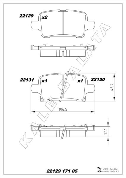 KALE-BALATA ARKA FREN BALATASI OPEL ASTRA K 1.0-1.4-1.4T-1.6T-1.6 CDTI 16>22 106.5x46.3x16.6 OEM: 1684934880-39037199-95526568 - KALE 22129 171 05 MSH KD13 kodlu oto yedek parça görseli