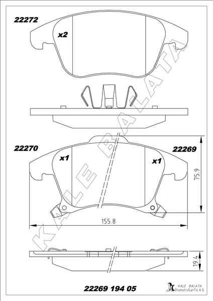KALE-BALATA ON FREN BALATASI GALAXY S-MAX 15 MONDEO IV 14 16 JANT OEM: DG9C2K021EE-1917494-2014119 - KALE 22269 194 05 ANS KD13 kodlu oto yedek parça görseli