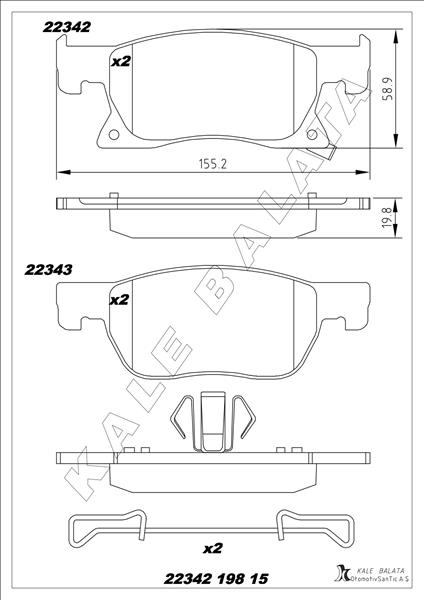 KALE-BALATA ÖN FREN BALATASI ASTRA K 16> 15 inc 155.2x58.9x19.8 OEM: 95526566-13478300-39103797 - KALE 22342 198 15 MSH KD13 kodlu oto yedek parça görseli