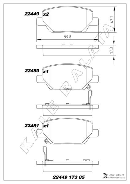 KALE-BALATA ARKA BALATA FIAT EGEA 16 1.3D MTJ 1.4 1.6E-TORQ 1.6D MTJ OEM: 77367717 - KALE 22449 173 05 ANS KD13 kodlu oto yedek parça görseli
