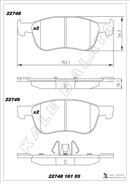KALE-BALATA DİSK FREN BALATASI ÖN FORD FİESTA 1.0/1.1/1.5D 01/17> FORD FİESTA ST 1.5 04/18> COURIER V-769 18> OEM: KTH1BC2K021AB-2095160 - KALE 22748 161 05 ANS KD13 kodlu oto yedek parça görseli