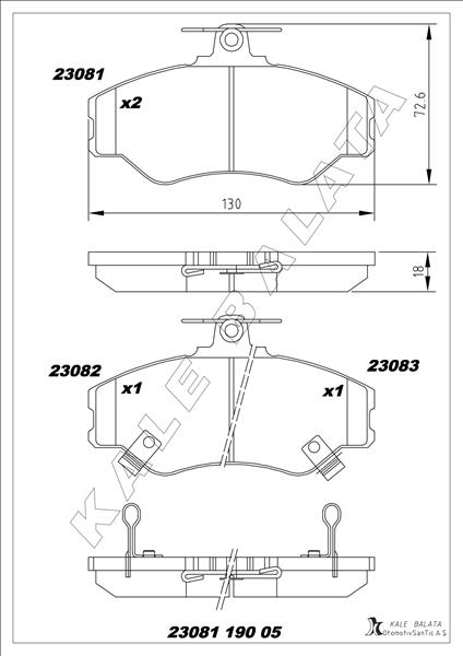 KALE-BALATA BALATA ÖN H-100 MİNİBÜS/OTOBÜS-PANELVAN/VAN-PALATFORM ŞASİ PORTER PANELVAN/VAN-PICK-UP 94-04 OEM: 5810143A00-5810144A00-5810144A10 - KALE 23081 190 05 ANS KD13 kodlu oto yedek parça görseli