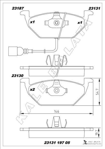 KALE-BALATA ÖN BALATA FİŞLİ KÜÇÜK GOLF4-GOLF5-JETTA-BORA-POLO-A3-LEON 97 OEM: 1J0698151A-1J0698151B-6R0698151A - KALE 23131 197 05 ANS KD13 kodlu oto yedek parça görseli