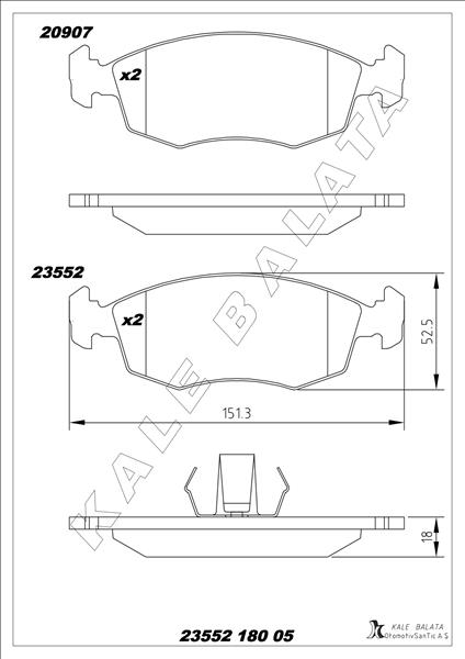 KALE-BALATA ÖN BALATA PALIO WEEKEND 96 ALBEA 01 DOBLO 00 0986TB2093 OEM: 9948131-71752592-71770961 - KALE 23552 180 05 ANS KD13 kodlu oto yedek parça görseli