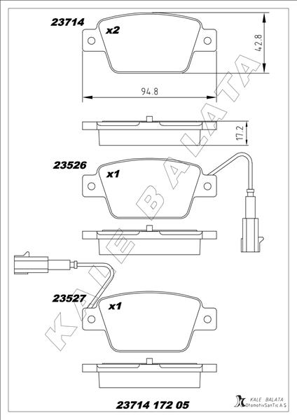 KALE-BALATA ARKA FREN BALATASI FIAT STILO 02> LINEA 07> BRAVO II 07>14 ALFA ROMEO MİTO 08> MULTIPLA 99> OEM: 77364590-77363518-77362768-9949280 - KALE 23714 172 05 ANS KD13 kodlu oto yedek parça görseli