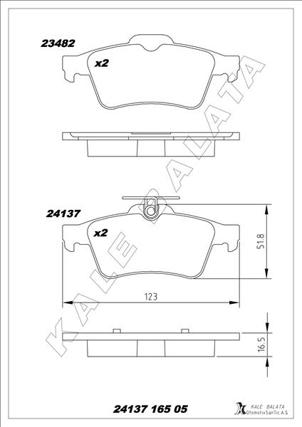 KALE-BALATA ARKA BALATA FOCUS II CMAX 03 CONNECT 02 LAGUNA III 07 OPEL VECTRA C 02 SIGNUM 03 CITROEN C5 08 PEUGEOT P508 10 18 1647875980-4254.A8 OEM: 3M512M008AC-440601689R-93192623 - KALE 24137 165 05 ANS KD13 kodlu oto yedek parça görseli