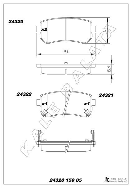 KALE-BALATA ARKA FREN BALATA HYUNDAI ACCENT ERA 1.4L G4EE 06-10 / İ30 1.4L 1.6L 08-> / İX35 1.6L G4FD GDİ 11-> / KIA CEED 1.4L 1.6L 07-> / SPORTAGE 1.6L G4FD GDİ 09-> / RIO 1.4L 1.6L 05-> Sürtünme yüzeyi eğik OEM: 583020ZA00-583021GA00-583021HA00 - KALE 24320 159 05 ANS KD13 kodlu oto yedek parça görseli