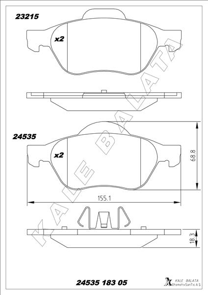KALE-BALATA ÖN BALATA MEGANE II 02 SCENIC II 02 CLIO III 05 1.5dCi 1.6 16V 2.0 16V OEM: 410601237R-7701209100-WVA24535 - KALE 24535 183 05 ANS KD13 kodlu oto yedek parça görseli