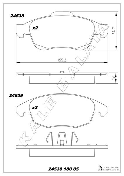 KALE-BALATA ÖN BALATA C4 PICASSO 1.6 HDI 110hp 06 11 PARTNER 08 11 TEPE-BERLINGO 08 11 5008 09 DS4 DS5 OEM: 1647862480-4253.61-4254.13-4254.12 - KALE 24538 180 05 ANS KD13 kodlu oto yedek parça görseli