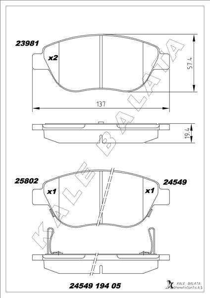 KALE-BALATA ÖN BALATA CORSA D BÜYÜK TİP 1.3 CDTI 07/06 FIAT 500L 12 0.9T 1.4 1.3D MTJ 1.6D MTJ OEM: 93189816-77366534-77366481 - KALE 24549 194 05 MSH KD13 kodlu oto yedek parça görseli