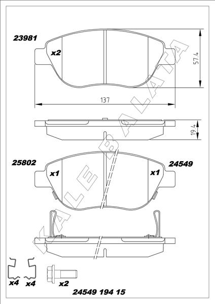 KALE-BALATA ÖN BALATA CORSA D BÜYÜK TİP 1.3 CDTI 07/06 > FIAT 500L 12> 0.9T 1.4 1.3D MTJ 1.6D MTJ OEM: 93189816-77366534-77366481 - KALE 24549 194 15 MSH KD13 kodlu oto yedek parça görseli