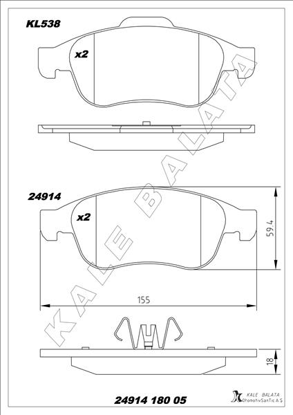 KALE-BALATA ÖN FREN BALATASI MEGANE III 09 SCENIC III 09 FLUENCE 10 DUSTER 10 LODGY 12 CAPTUR I 13 1.5 DCI 1.6 16V OEM: 410A12582R-410600379R-410605961R - KALE 24914 180 05 ANS KD13 kodlu oto yedek parça görseli