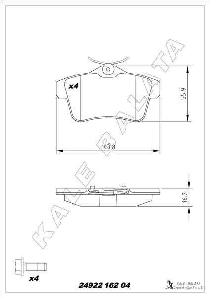 KALE-BALATA ARKA FREN BALATASI PEUGEOT P3008 09>16 P5008 09>17 P508 10>18 P308 GTI-RZC 10>14 CITROEN C4 09>16 DS4-DS5 11>15 OEM: 1608681680-4254.46-4254.44-4254.35 - KALE 24922 162 04 ANS KD13 kodlu oto yedek parça görseli