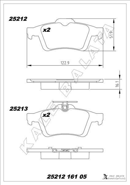 KALE-BALATA ARKA BALATA FOCUS II CMAX 03 CONNECT 02 LAGUNA III 07 OPEL VECTRA C 02 SIGNUM 03 CITROEN C5 08 PEUGEOT P508 10 18 1647875980-4254.A8 OEM: 3M512M008AC-440601689R-93192623 - KALE 25212 161 05 ANS KD13 kodlu oto yedek parça görseli