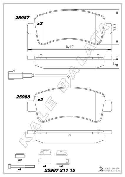 KALE-BALATA DİSK FREN BALATASI ARKA JUMPER 2.0D/2.2D3.0D 04/06>DUCATO 40 2.3D-BOXER 2.0D/2.2D/3.0D OEM: 77367094-1612434080 - KALE 25987 211 15 MSH KD20 kodlu oto yedek parça görseli