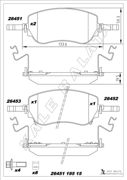 KALE-BALATA ÖN FREN BALATASI FIAT EGEA YM. 2020 AKSESUARLI OEM: 77368941 - KALE 26451 195 15 MSH KD11 kodlu oto yedek parça görseli