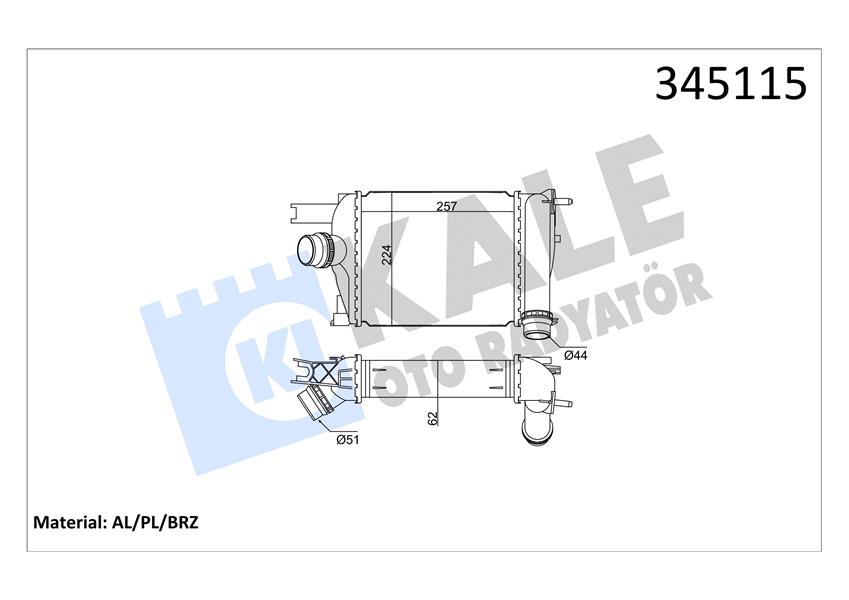 KALE-RADYATOR TURBO RADYATÖRÜ INTERCOOLER CLIO IV 12 CAPTUR 13 LOGAN II 12 SANDERO II 12 SYMBOL III 13 0.9TCe 1.2TCe 1.5dCi 255x226x64 BRAZİNG MT OEM: 144966051R-144965154R-14461B680C - KALE 345115 kodlu oto yedek parça görseli