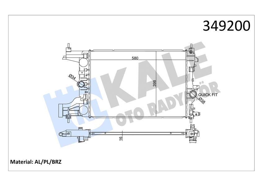 KALE-RADYATOR RADYATÖR OTOMATİK ASTRA J-ZAFIRA TOURER C-CRUZE 1.4-1.6 AL/PL/BRZ 580x398x16 39074662-1300299-13267650-13281773 OEM: 39074662-1300299-13267650-13281773 - KALE 349200 kodlu oto yedek parça görseli