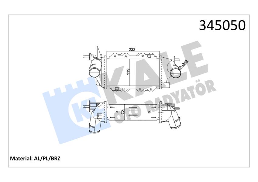 KALE TURBO RADYATÖRÜ INTERCOOLER VECTRA 2.0-2.2 DTİ MEK AL/PL/BRZ 1300403-52475657-52479105 OEM: 1300403-52475657-52479105 - KALE 345050 kodlu oto yedek parça görseli