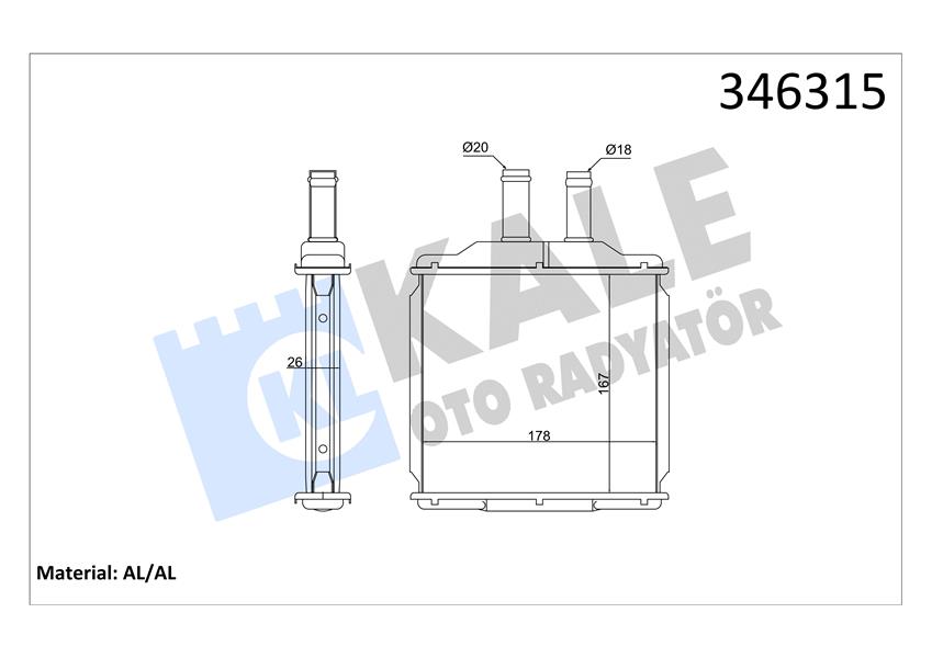 KALE KALORİFER RADYATÖRÜ DAEWOO NUBIRA 1.6L F16D3 J200 03- / CHEVROLET LACETTI J200 05- - ALEMİNYUM P96554446 OEM: P96554446 - KALE 346315 kodlu oto yedek parça görseli
