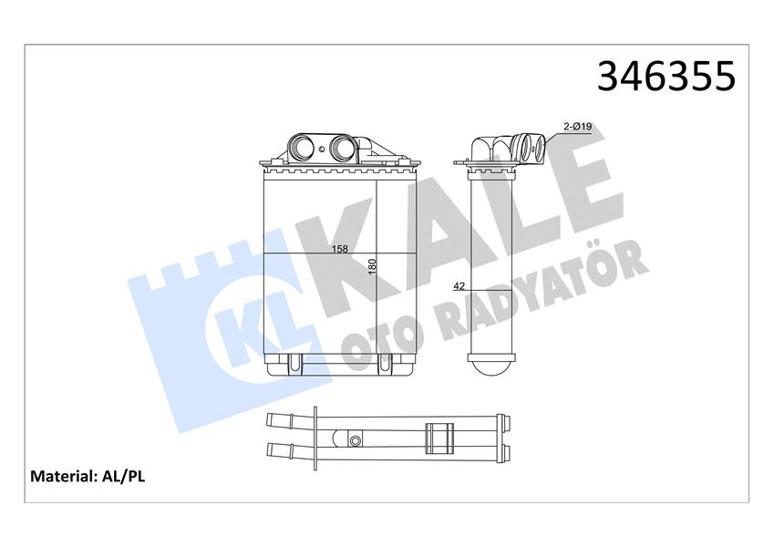 KALE KALORIFER RADYATORU FIAT 500C FIAT 500 FIAT 500L PANDA FORD KA 1.2 1.3 1.4 77362540 OEM: 77362540 - KALE 346355 kodlu oto yedek parça görseli