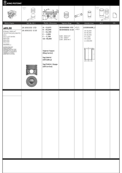 KING-PISTON PİSTON KİTİ 1 89 STD OPEL-NISSAN-RENAULT-VAUXHALL INTERSTAR DCI 100/120/150 PRIMASTAR DCI 150 MOVA NO-A 2.5 CDTI VIVARO 2.5 CDTI/DTI TRAFIC II 2.5 DCI MASTER II 2.5 DCI G9U 630-G9U 632-G9U 650  - KINGPISTON 18-3092350 kodlu oto yedek parça görseli