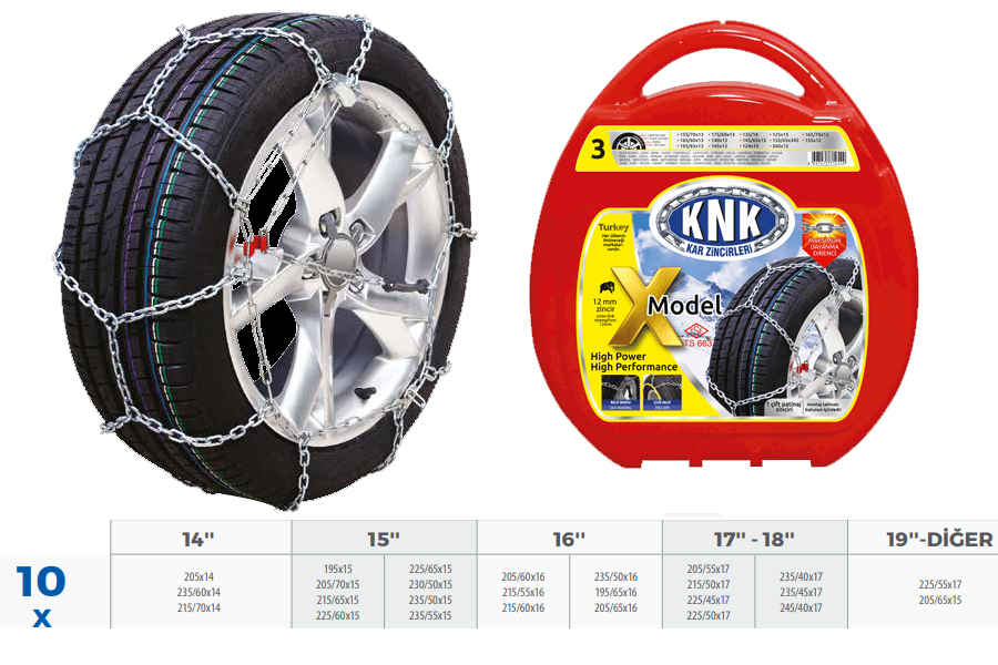 KNK PATİNAJ ZİNCİRİ TAKMATİK ÇAPRAZ 14-15-16-17 JANT ZİNCİR EBATLARI İÇİN RESİME BAKINIZ  - KNK1 X10 kodlu oto yedek parça görseli