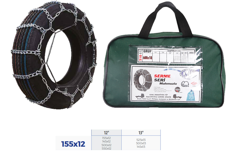 KNK PATİNAJ ZİNCİRİ BİNEK VE HAFİF TİC.ARAÇ SERME 12-13 JANT 155x12 ZİNCİR EBATLARI İÇİN RESİME BAKINIZ  - KNK2 155X12 kodlu oto yedek parça görseli