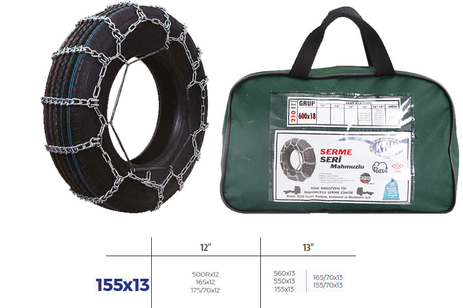 KNK PATİNAJ ZİNCİRİ BİNEK VE HAFİF TİC.ARAÇ SERME 12-13 JANT 560x13 ZİNCİR EBATLARI İÇİN RESİME BAKINIZ - KNK2 155X13 kodlu oto yedek parça görseli