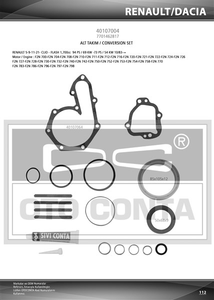 OTOCONTA ALT TAKIM CONTASI R11 FLASH 1700cc - R9 DZL-EXP KEÇELİ SIVI CONTALI OEM: 7701462817 - OTOCONTA 40107004 kodlu oto yedek parça görseli