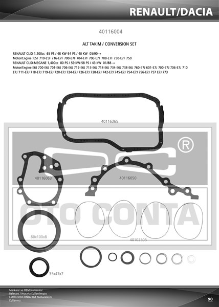 OTOCONTA ALT TAKIM CONTASI R19-CLIO 1.4 8V ENJEKTÖRLÜ E6J-E7J KEÇELİ OEM: 7701348178 - OTOCONTA 40116004 kodlu oto yedek parça görseli