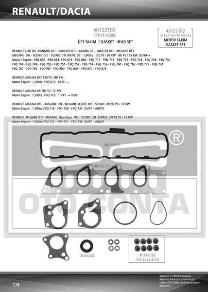 OTOCONTA MOTOR TAKIM CONTA SKC SİZ MEGANE I-II SCENIC I-II CLIO II-LAGUNA I-II KANGOO 96 VİVARO A-MOVANO A-CARISMA-SPACE STAR MPV-PRİMERA VOLVO S40 96 1.9dCi F9Q 7701470288-7701427228 OEM: 7701470288-7701427228 - OTOCONTA 40152103 kodlu oto yedek parça görseli