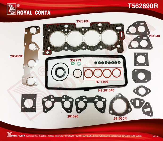 ROYAL ÜST TAKIM CONTASI REINZ KEÇELİ S.LASTİKLİ P207 1.4 TU3A 06 P106-P205-P206-P306-P307 TU3JP 1.4 OEM: 0197.H8-0197.A7-0197.H8 - ROYAL T562690R kodlu oto yedek parça görseli