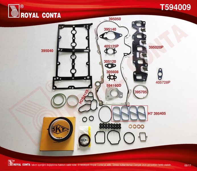 ROYAL MOTOR TAKIM CONTA KEÇELİ S.LASTİK-SKC SİZ DOBLO-PUNTO-500 1.3MTJ 10 199.A3/A9/B1/B4-223.A9 OEM: 71753908-71753766-6606041-93195356 - ROYAL T594009 kodlu oto yedek parça görseli