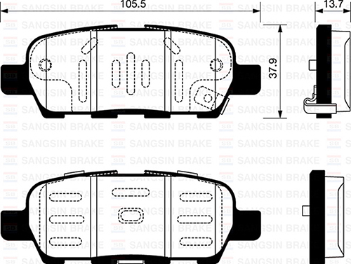 SANGSIN ARKA FREN BALATA NISSAN QASHQAI 1.6L 2.0L HR16 HR20 J10 06-10 / JUKE 1.5L Dci F15 10- 1.6L HR16DE F15 10- / MURANO 3.5L Z51 DCi 08- / X-TRAIL 2.0L M9R MR20DE T31 07-13 OEM: 44060AL585-D4060JA00J-D4060EM11A - SANGSIN SP1250 kodlu oto yedek parça görseli