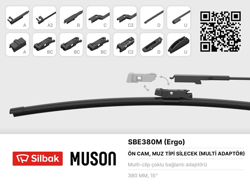 SILBAK SİLECEK SÜPÜRGESİ MUZ TİPİ 380mm A. BC.C2.D VE U TİPİ KOLLAR ICIN MULTİ ADAPTORLÜ  - SILBAK SBE380M kodlu oto yedek parça görseli