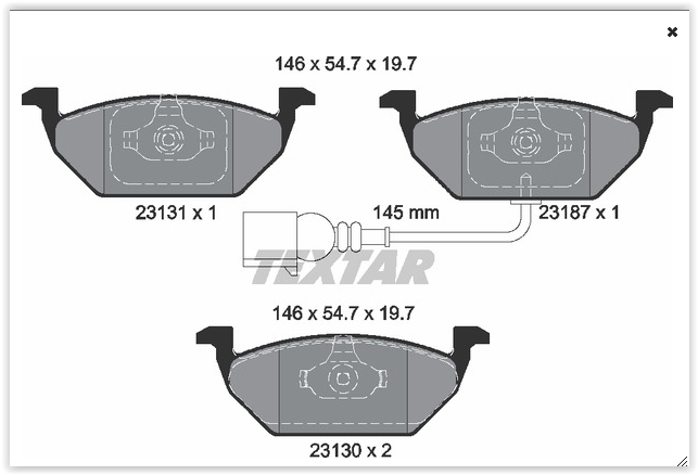 TEXTAR ÖN BALATA FİŞLİ KÜÇÜK GOLF4-GOLF5-JETTA-BORA-POLO-A3-LEON 97 > OEM: 1J0698151G-1K0698151F-6R0698151A - TEXTAR 2313101 kodlu oto yedek parça görseli
