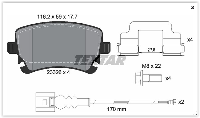 TEXTAR ARKA BALATA TRANSPORTER T5 T6 04 > FİŞLİ OEM: 7H0698451-7H0698451B-7H0698451A - TEXTAR 2332602 kodlu oto yedek parça görseli