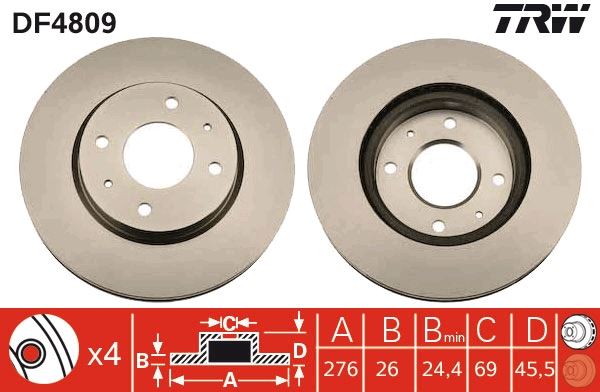 TRW ÖN FREN DİSKİ HAVA KANALLI MITSUBISHI LANCER 1.6L 4G18 CS3A 03-08 276 çap x 4 bijon - Takım disk fiyatıdır OEM: MR510741-MR510742-MR527825 - TRW DF4809 kodlu oto yedek parça görseli