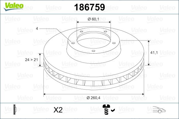 VALEO ÖN FREN AYNASI CORSA C - COMBO C 01 11 MERIVA A 03 10 TIGRA 04 09 260x24x4DL HAVALI 95526646-569000-9127967-9196050 OEM: 95526646-569000-9127967-9196050 - VALEO 186759 kodlu oto yedek parça görseli