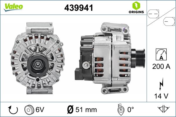VALEO ALTERNATOR 14V 200A MERCEDES W205 C218 W212 C207 C253 W447 B906 A0009062822 OEM: A0009062822 - VALEO 439941 kodlu oto yedek parça görseli