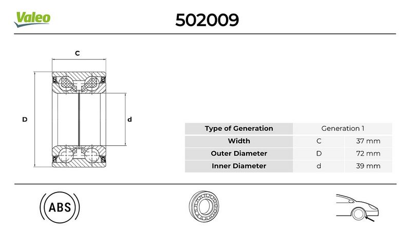 VALEO ÖN TEKER RULMANI FIESTA V 01 FOCUS 98 04 FUSION 02 12 COURIER 14 KA III 16 ECOSPORT 13 MAZDA 2 07 15 KIT ABS LI 38.993x72x37 BAH-0106DX OEM: 8V5J1K018AA-8V511215BB-2S6J1K018 - VALEO 502526 kodlu oto yedek parça görseli